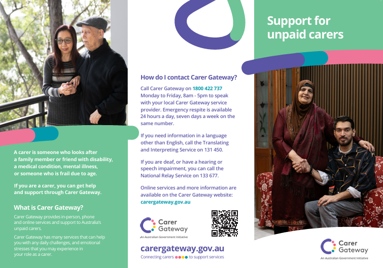 Carer Gateway brochure explaining support for unpaid carers and how to contact Carer Gateway by phone or online.