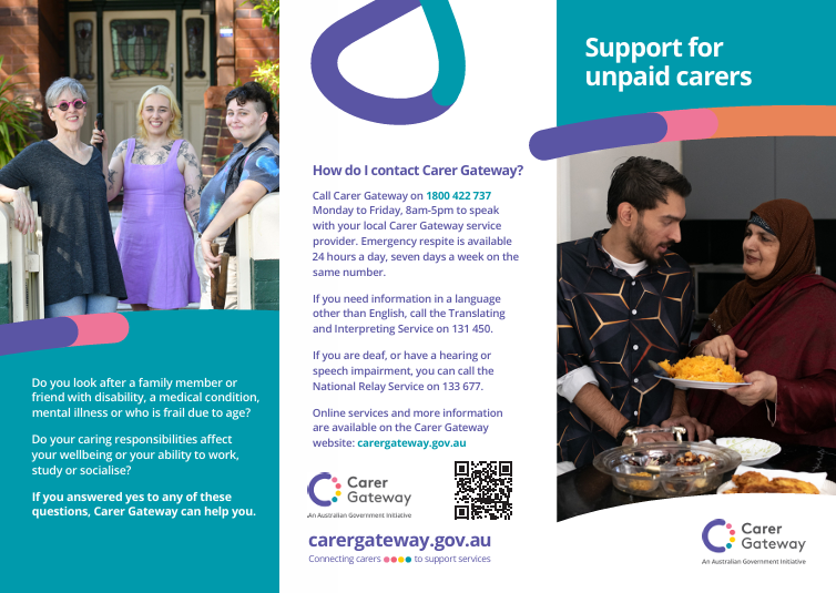 Carer Gateway brochure explaining support for unpaid carers and how to get help by phone or online.