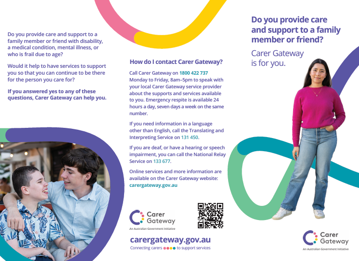Carer Gateway poster explaining support for unpaid carers and how to get help by phone or online.